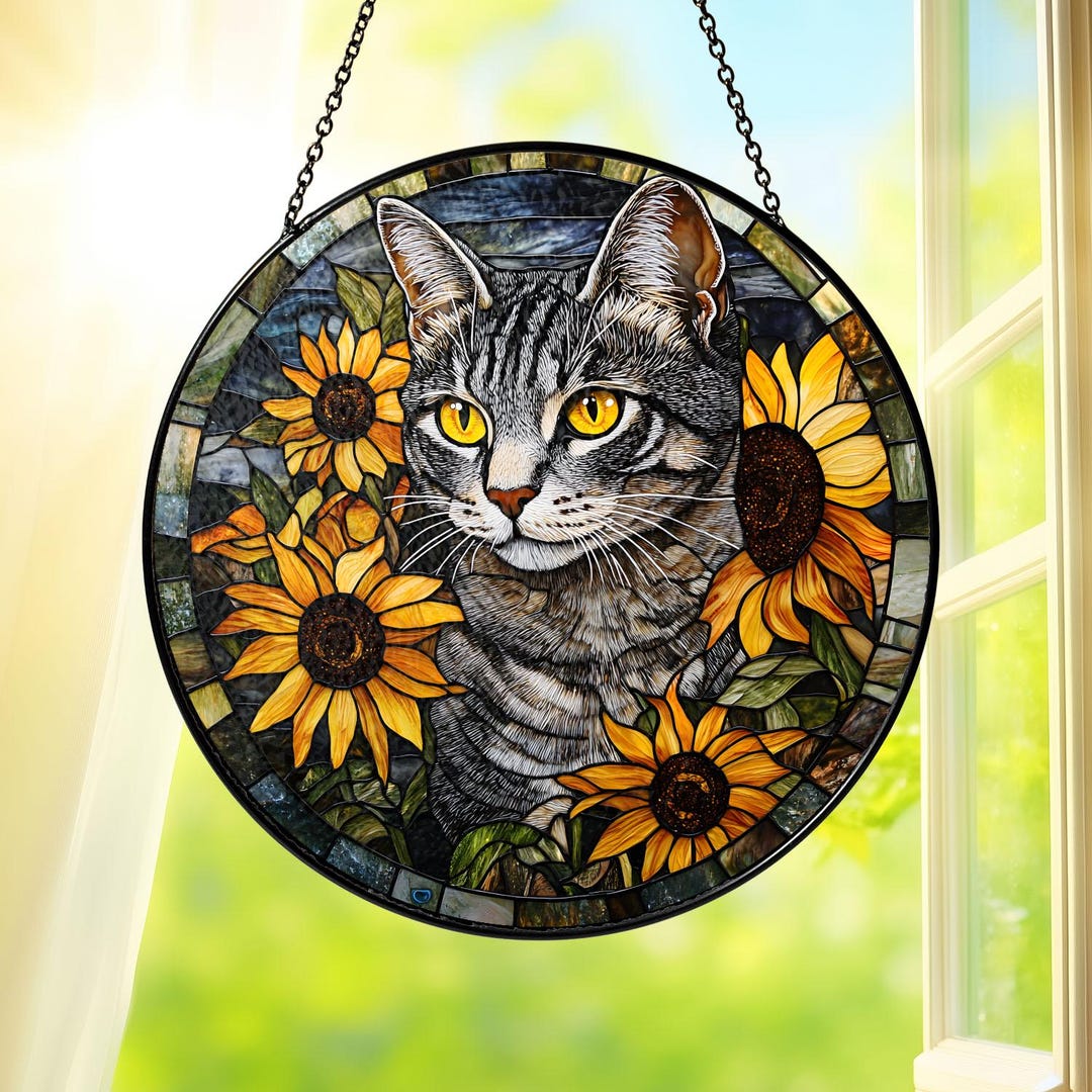 Tabby Cat Stained Glass Suncatcher With Sunflowers, Cat Lovers Window ...