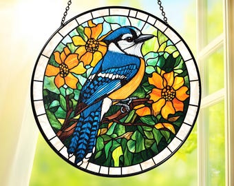Blue Jay Stained Glass Suncatcher with Yellow Flowers, Round Bird Window Hanging Sun Catcher Nature Decor, Nature Lovers Suncatcher