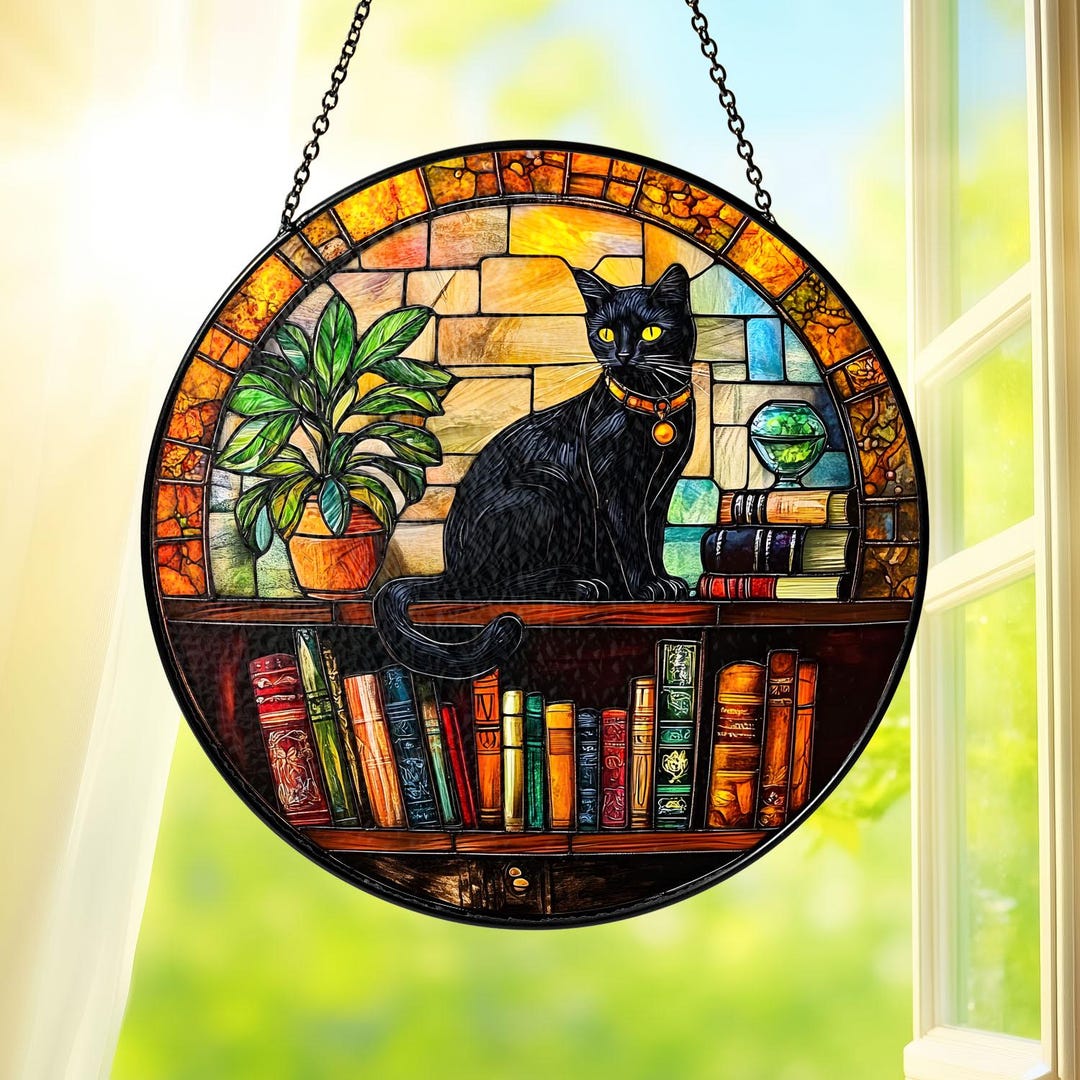 Black Cat Stained Glass Suncatcher, Cat on Books Window Hanging ...