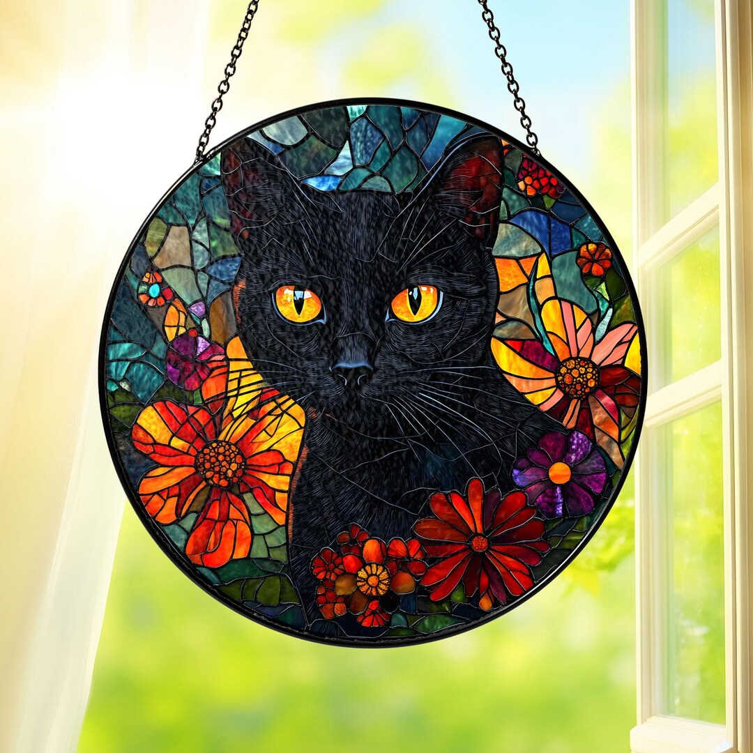 Black Cat Floral Stained Glass Suncatcher, Colorful Cat Window Hanging ...