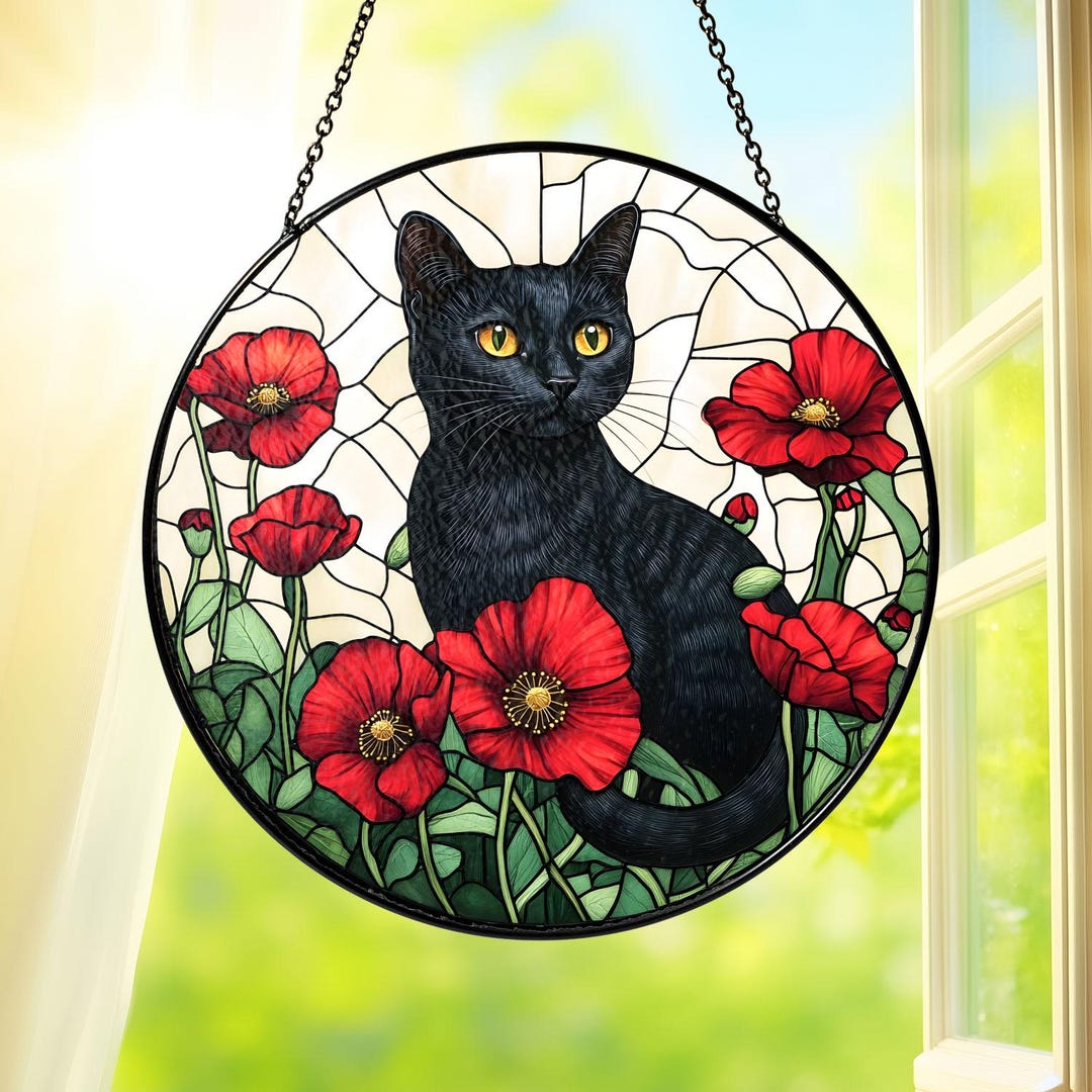 Black Cat Stained Glass Suncatcher With Red Poppy Flowers, Cat Window ...