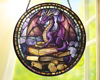 Purple Dragon Stained Glass Suncatcher, Fantasy Dragon Window Hanging, Mythical Dragon Sun Catcher Decoration, Dragon Lovers Gift