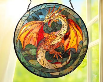 Dragon Stained Glass Suncatcher, Fantasy Dragon Window Hanging, Mythical Dragon Sun Catcher Home Decor Gift, Dragon Lovers Gift