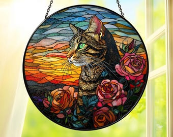 Cat Stained Glass Suncatcher with Roses, Cat Floral Window Hanging Sun Catcher, Cat Lovers Art Decoration, Gift for Cat Mom