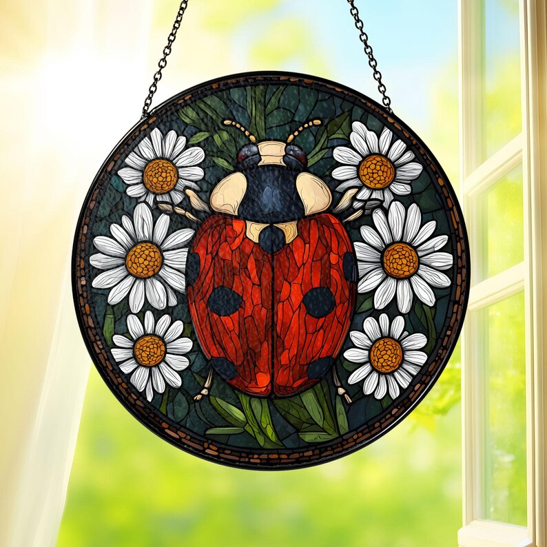 Ladybug stained glass suncatcher hanging in window with white daisies and green leaves, colorful floral glass decor for sunny windows