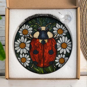Floral stained glass window decor with ladybug and daisies, handmade style suncatcher for home and garden lovers