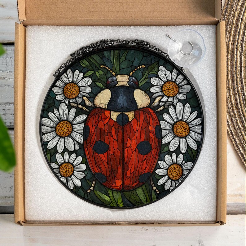 Floral stained glass window decor with ladybug and daisies, handmade style suncatcher for home and garden lovers