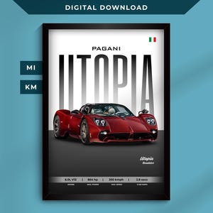 May include: Digital download art print featuring a red Pagani Utopia sports car. The print includes the car's specifications and the text "UTOPIA" in large, bold letters. The print is framed in a black border.