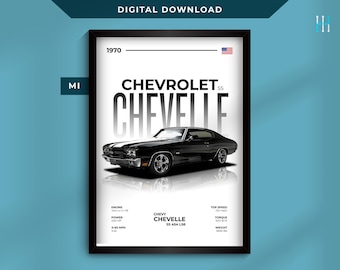 May include: A framed print featuring a black 1970 Chevrolet Chevelle SS. The image includes specifications such as engine, power, top speed, torque, and weight. The text "DIGITAL DOWNLOAD" is at the top.