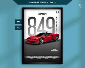 May include: A framed digital download featuring a red Ferrari 849 Testarossa. The image includes the Ferrari logo, Italian flag, and specifications: 4.0L TT V8 engine, 1036 hp, 205 mph max speed, and 2.3 secs 0-60 mph.