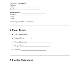 Boxing Contract | Editable DOC & PDF | Fighter Agreement Template