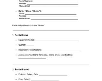 Party Equipment Rental Agreement Template | Editable DOC & PDF | Event Rental Contract