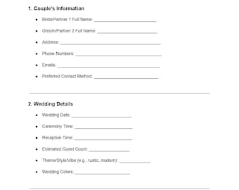 Questionario per il coordinatore del matrimonio / DOC e PDF modificabili / Modulo di pianificazione dell'evento