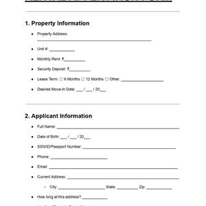 Rental Application Form, Tenant Application Template Editable DOC PDF Property Rental Form, Lease Application Document, Landlord Tenant Form