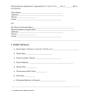 May include: A white Event DJ Service Contract Template with black text. The document includes sections for client and DJ information, event details, and services provided. The title "EVENT DJ SERVICE CONTRACT TEMPLATE" is at the top.