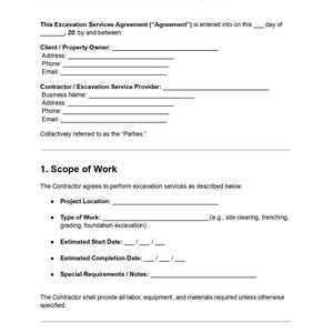 Könnte beinhalten: Ein weißes Dokument mit dem Titel "Excavation Contract Template". Das Dokument enthält Abschnitte für Kunden-/Eigentümer- und Auftragnehmerinformationen, den Leistungsumfang und die Zahlungsbedingungen. Es ist eine Vorlage für Aushubdienstleistungsvereinbarungen.
