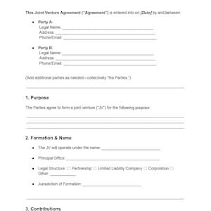May include: A white document titled "JOINT VENTURE AGREEMENT" with sections for parties, purpose, formation, and contributions. Includes fillable fields for legal names, addresses, and phone/email.