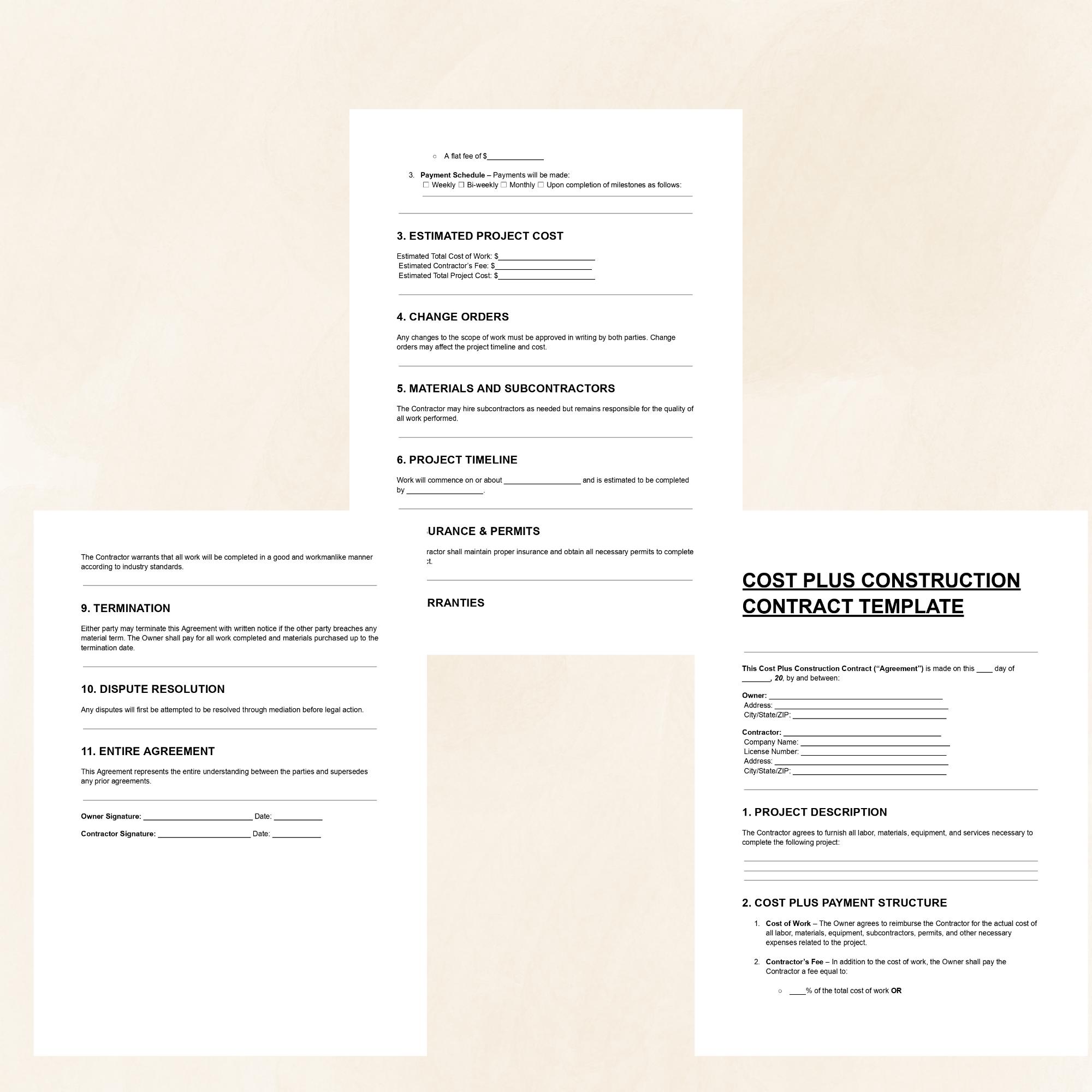 Cost Plus Construction Contract Template: Editable PDF & DOC - Etsy ...