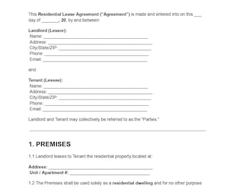 1-Year Residential Lease Agreement | Editable Rental Contract Template | Long-Term Tenancy Agreement