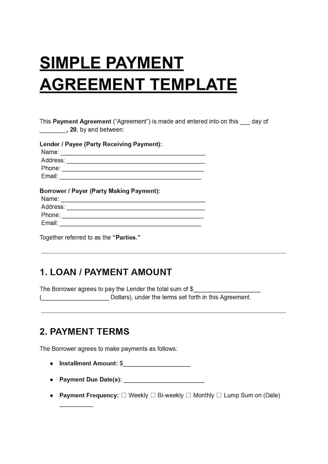 Editable Payment Agreement Template: Loan, Debt, Installment (PDF & DOC ...