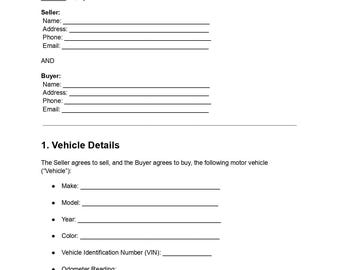 Vorlage für Autovereinbarung | Fahrzeugkaufvertrag (PDF & DOCX Bearbeitbar