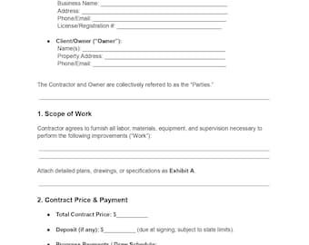 Home Improvement Contract Template | Editable DOC & PDF | Renovation Agreement