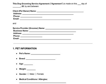 Dog Grooming Service Agreement Template | Pet Groomer Contract (DOC, PDF)