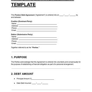 May include: A white document titled "FINDOM DEBT AGREEMENT TEMPLATE." The document includes sections for creditor and debtor information, purpose, debt amount, and repayment terms. The text is black.