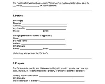 Real Estate Investment Agreement Template | Editable Contract DOC & PDF
