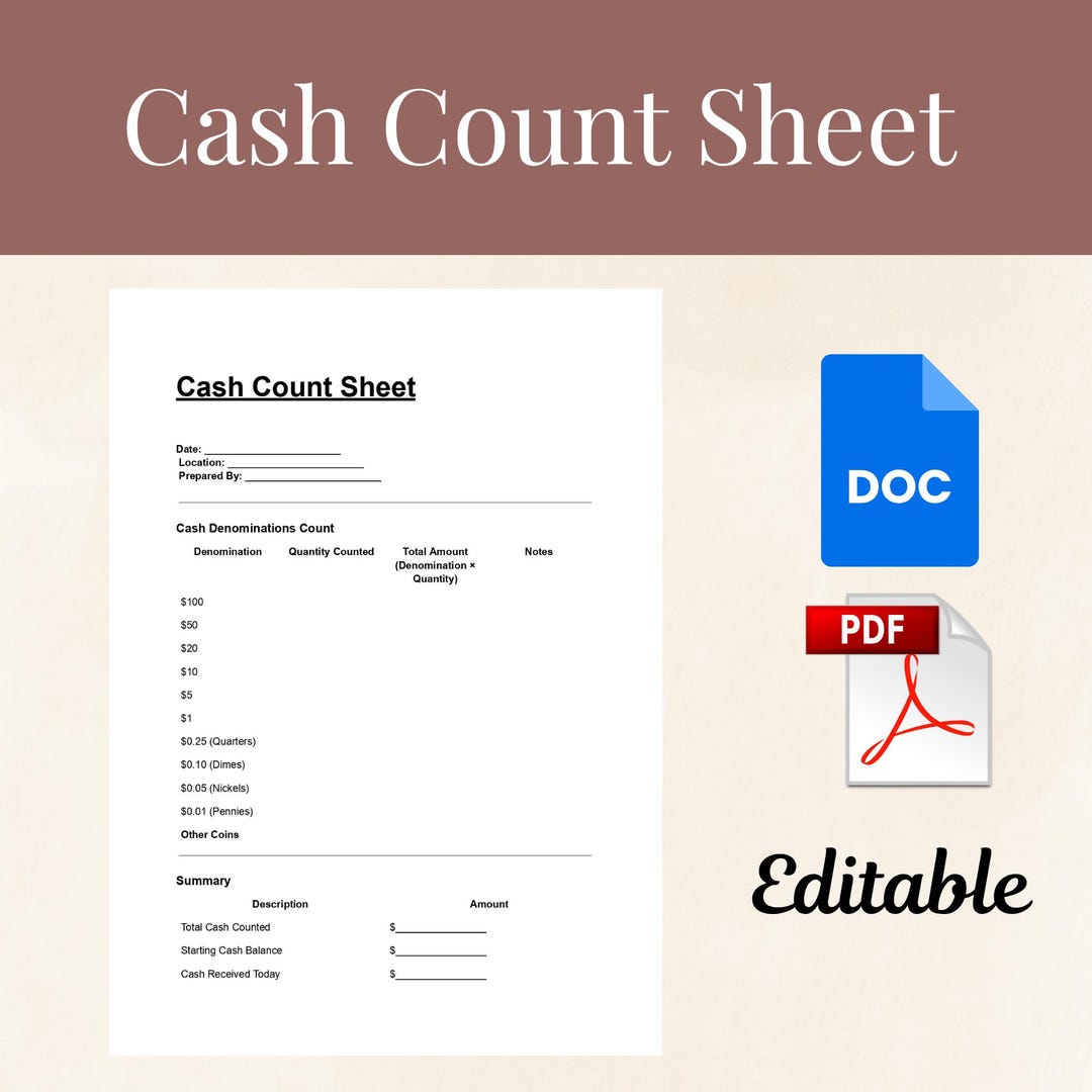 Cash Count Sheet Template: Editable PDF & DOC for Business - Etsy