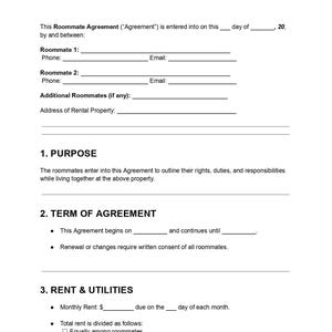 Puede incluir: Un modelo de contrato de arrendamiento con campos rellenables para información de compañeros de piso, propósito, plazo y alquiler y servicios públicos. Texto negro sobre fondo blanco.