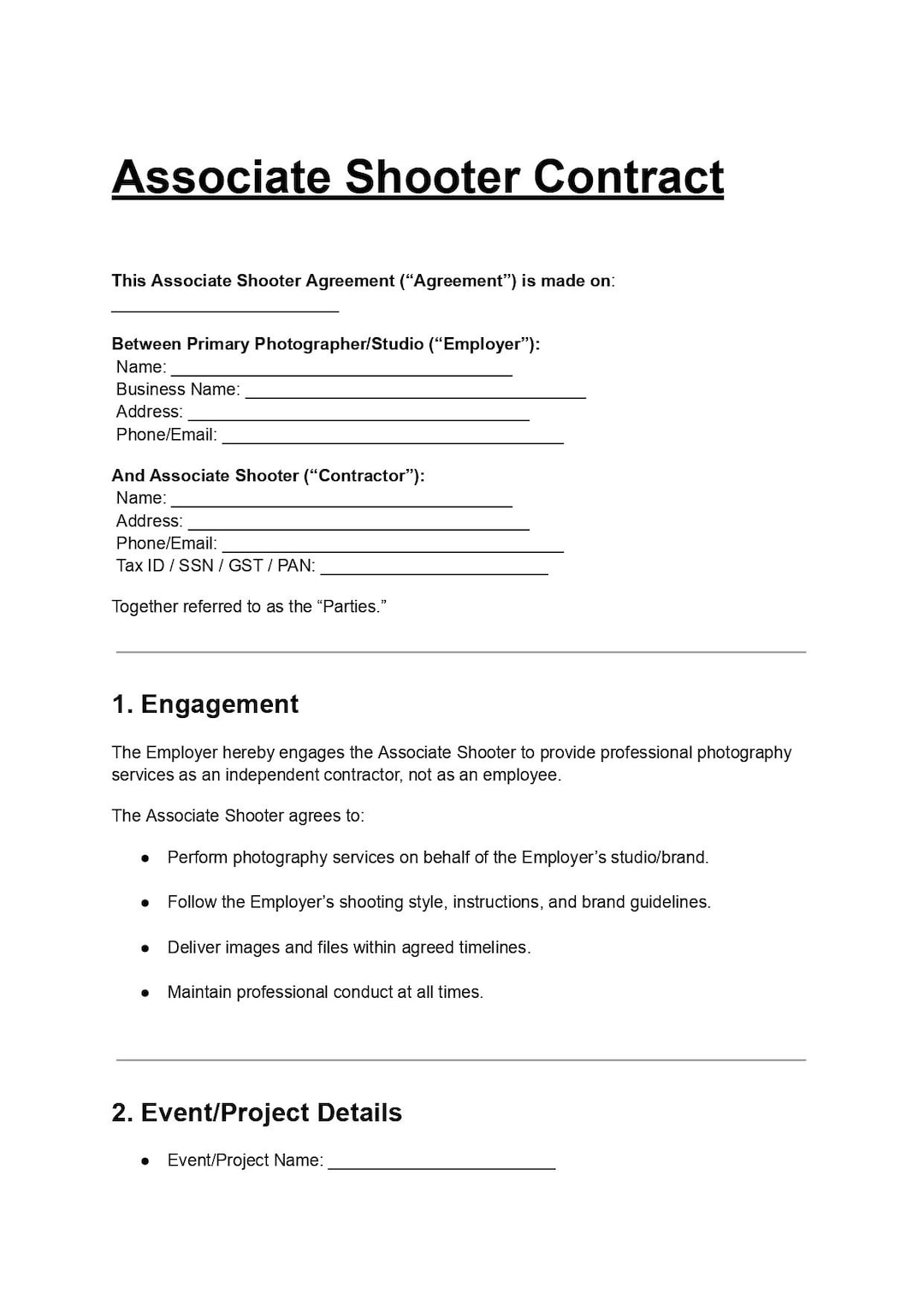 Second Shooter Contract Template Wedding Photography Agreement (PDF
