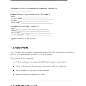 Könnte beinhalten: Ein weißes Dokument mit dem Titel "Associate Shooter Contract" in schwarzer Schrift. Der Vertrag umreißt eine Vereinbarung zwischen einem Hauptfotografen/Studio und einem Associate Shooter, die Bedingungen für Fotodienstleistungen.