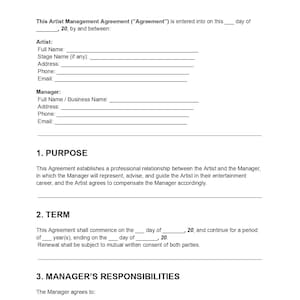 May include: A white document titled "ARTIST MANAGEMENT CONTRACT" with fillable fields for artist and manager information. The document outlines the purpose, term, and responsibilities of the manager.