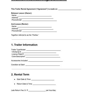 Puede incluir: Documento blanco titulado "Contrato de alquiler de remolque" con campos rellenables para la información del arrendador y el arrendatario, los detalles del remolque y los términos del alquiler. Incluye secciones para nombres, direcciones y datos de contacto.