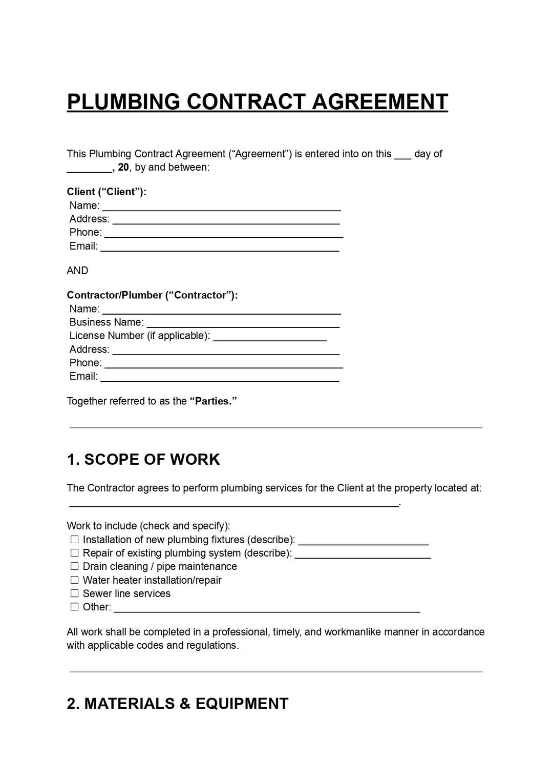 Plumbing Contract Template Editable PDF & DOC Service Agreement Etsy