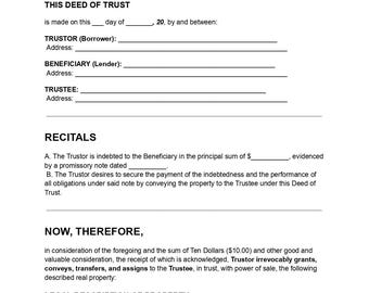 Deed of Trust Template, Real Estate Form, Doc Pdf