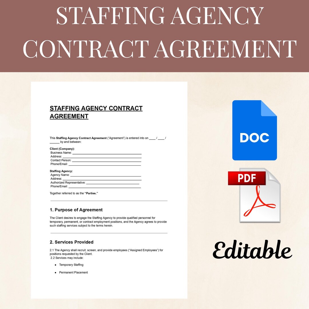 Staffing Agency Contract Template Editable PDF & DOC Etsy