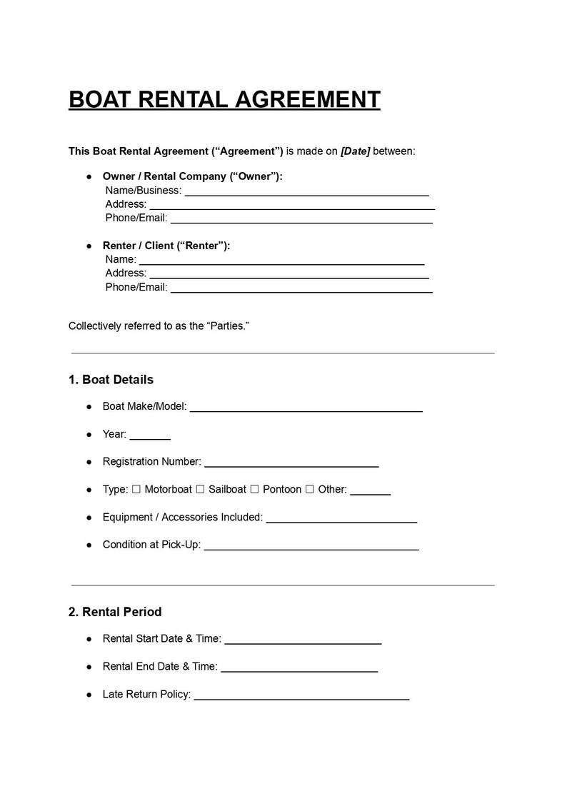 Boat Rental Agreement Template | Editable DOC & PDF - Etsy