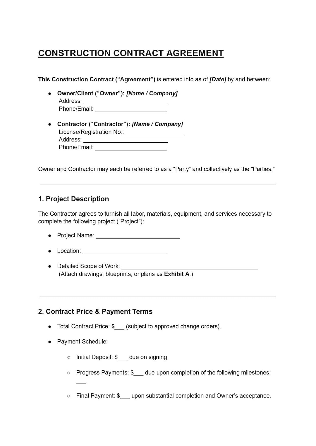 Construction Contract Agreement Template | Editable DOC & PDF ...