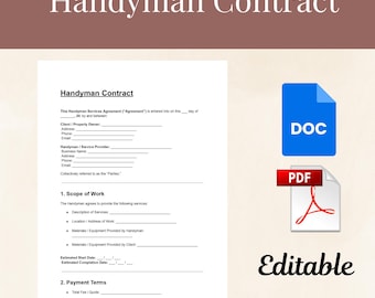 Op de afbeelding: Een wit Handyman Contract-document met invulvelden, vergezeld van blauwe DOC- en rode PDF-pictogrammen. Het document is bovenaan gemarkeerd met "Handyman Contract", met het woord "Editable" onderaan.