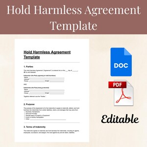 May include: A white document titled "Hold Harmless Agreement Template" with fillable fields. Includes a blue DOC icon and a red PDF icon. The word "Editable" is at the bottom.