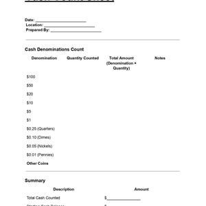 Cash Count Sheet – Editable PDF & DOC Template – Daily Cash Reconciliation Form – Instant Download for Businesses Cashiers