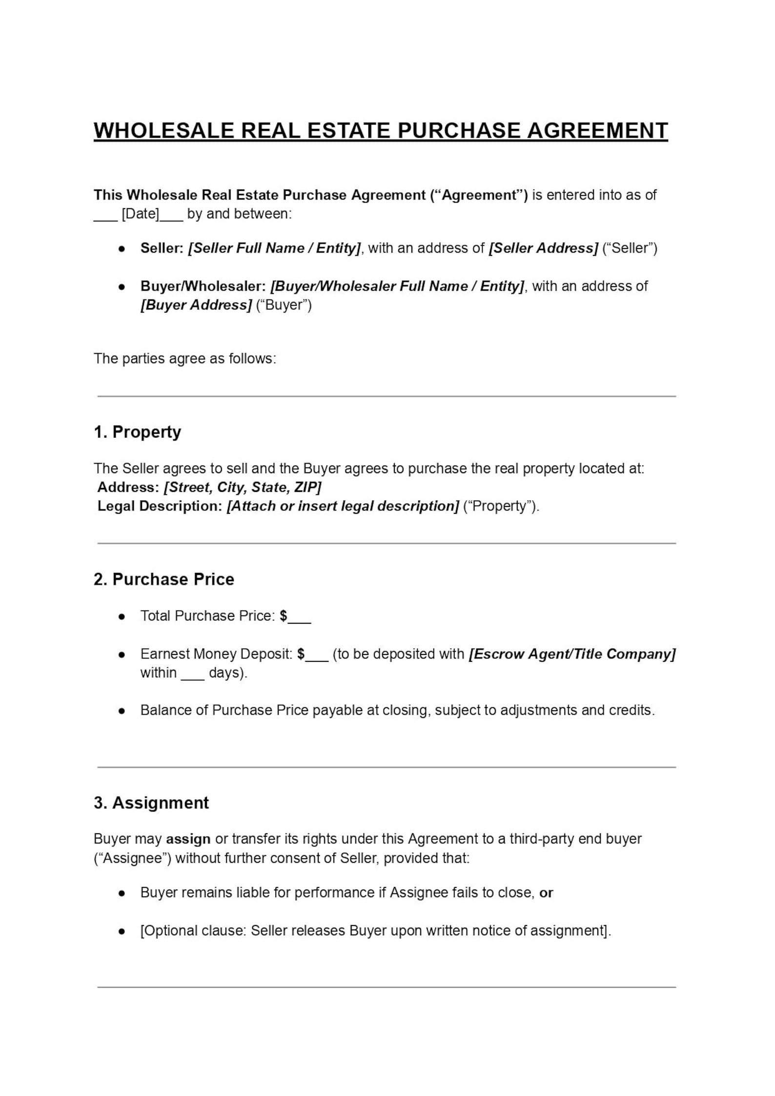 Wholesale Real Estate Purchase Agreement Template Editable DOC & PDF