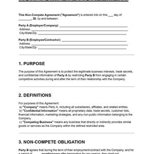 Non-Compete Agreement Template – Editable PDF & DOC – Business Protection Contract – Employer Employee Restrictive Covenant