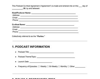 Szablon umowy o współprowadzenie podcastu | Edytowalne pliki PDF i DOC | Umowa o partnerstwie w podcaście, podział przychodów, obowiązki i role