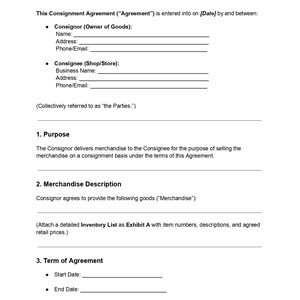 May include: A white document headed "CONSIGNMENT SHOP AGREEMENT". It details a consignment agreement, with sections for Consignor and Consignee details, merchandise description, and terms of agreement.