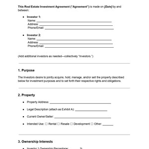 May include: A Real Estate Investment Agreement document. The document includes sections for investor information, purpose, property details, and ownership interests. The text is black on a white background. The title is at the top.