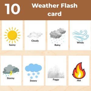 10 cartes météo PNG PDF | Cartes météo éducatives imprimables pour enfants et tout-petits | Apprenez les types de météo avec des aides visuelles