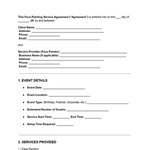 May include: A face painting service contract on white paper. The document includes sections for client and service provider information, event details, and services provided, such as face painting, glitter tattoos, and balloon twisting.